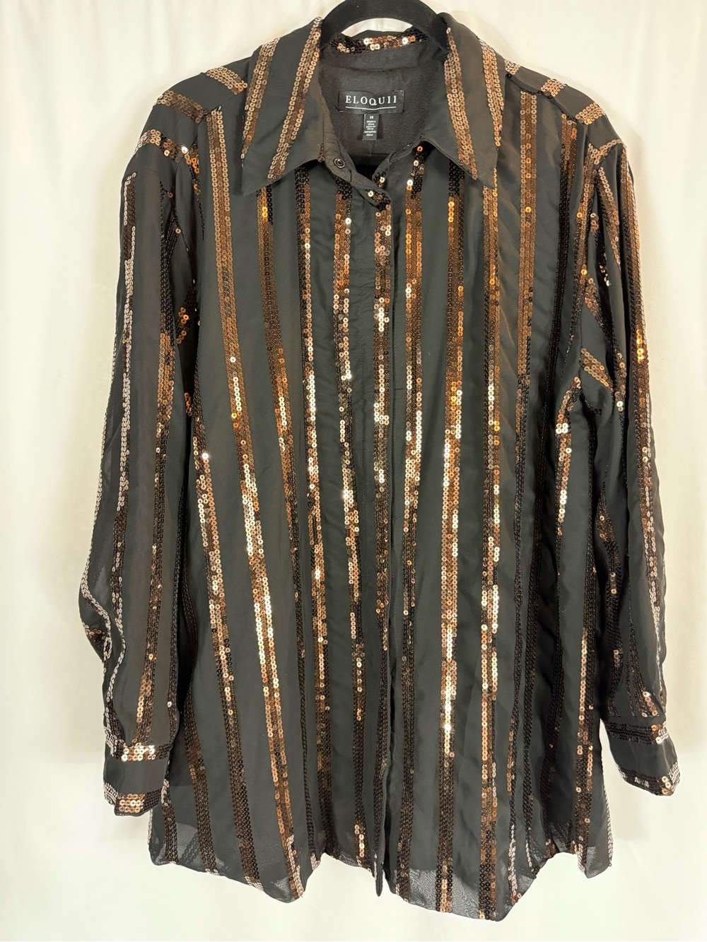 NWT Eloquii Black Button-Down Shirt with Copper Sequin Stripes size:14